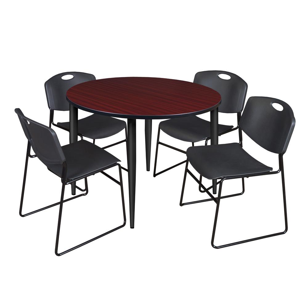 Regency Kahlo 48 in. Round Breakroom Table- Mahogany Top, Black Base & 4 Zeng Stack Chairs- Black. Picture 1