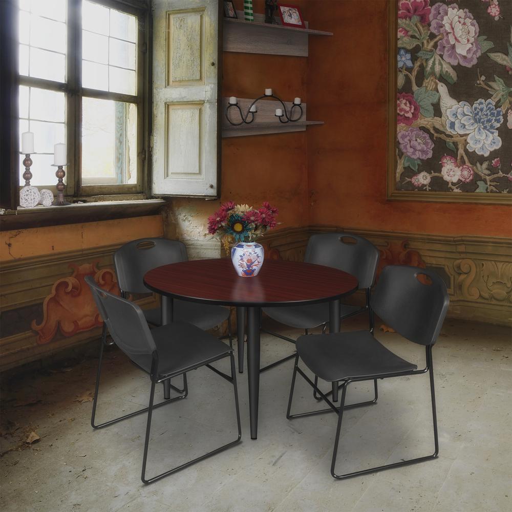 Regency Kahlo 48 in. Round Breakroom Table- Mahogany Top, Black Base & 4 Zeng Stack Chairs- Black. Picture 7
