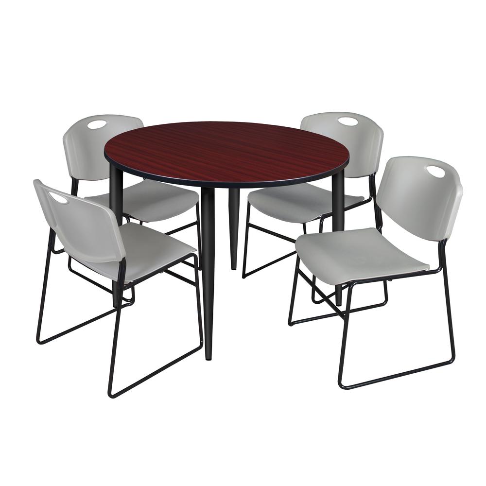 Regency Kahlo 48 in. Round Breakroom Table- Mahogany Top, Black Base & 4 Zeng Stack Chairs- Grey. Picture 1