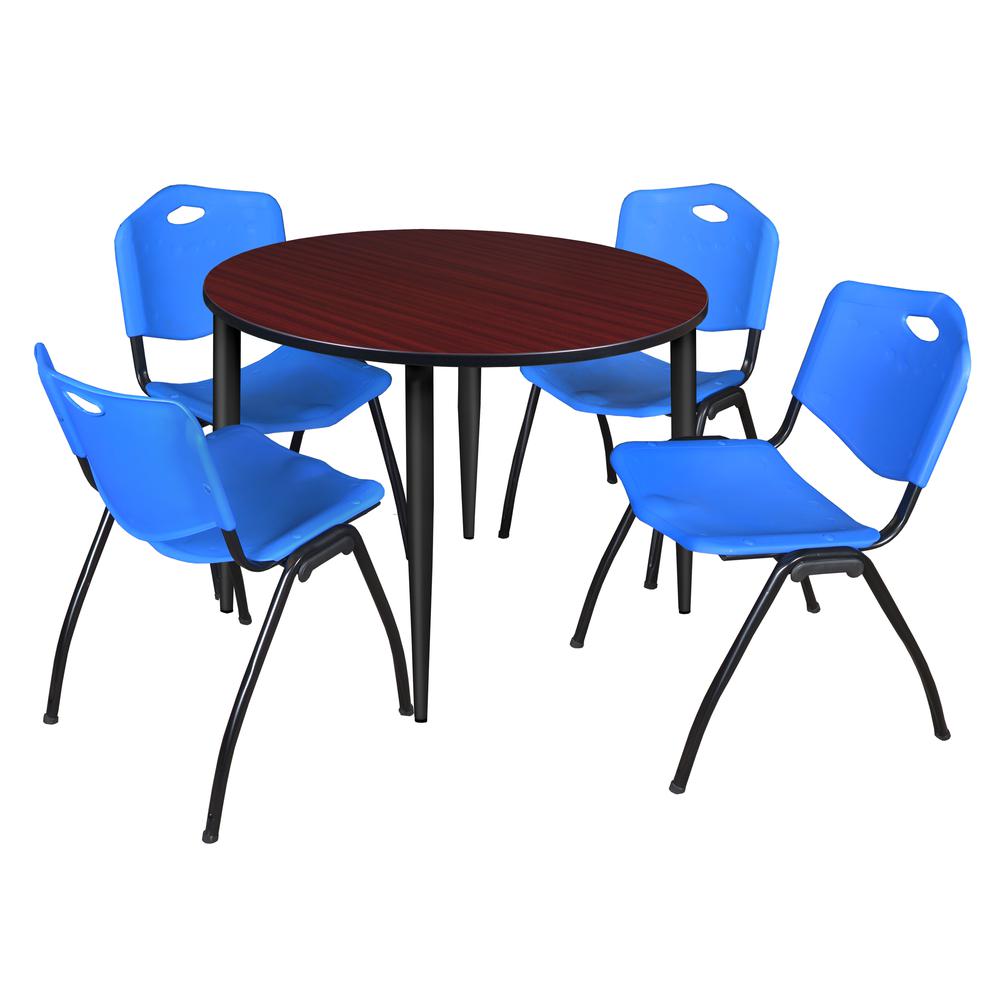 Regency Kahlo 48 in. Round Breakroom Table- Mahogany Top, Black Base & 4 M Stack Chairs- Blue. Picture 1