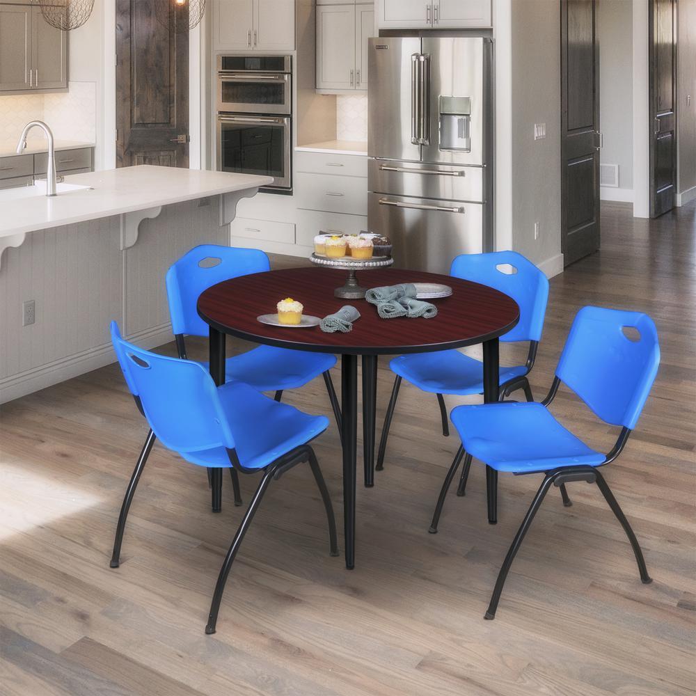 Regency Kahlo 48 in. Round Breakroom Table- Mahogany Top, Black Base & 4 M Stack Chairs- Blue. Picture 7