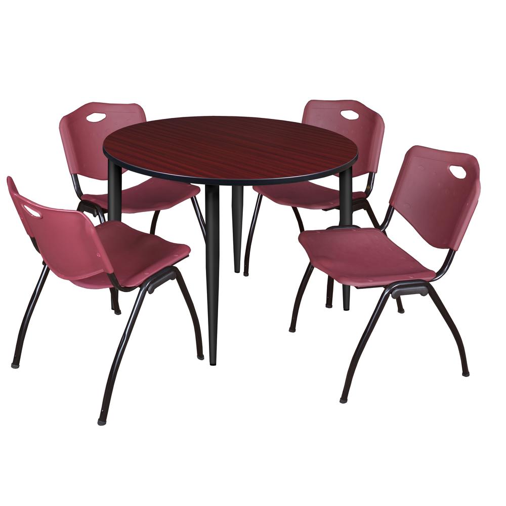 Regency Kahlo 48 in. Round Breakroom Table- Mahogany Top, Black Base & 4 M Stack Chairs- Burgundy. Picture 1