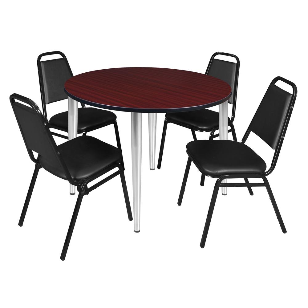 Regency Kahlo 48 in. Round Breakroom Table- Mahogany Top, Chrome Base & 4 Restaurant Stack Chairs- Black. Picture 1
