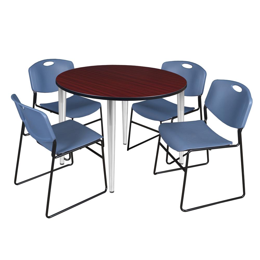 Regency Kahlo 48 in. Round Breakroom Table- Mahogany Top, Chrome Base & 4 Zeng Stack Chairs- Blue. Picture 1