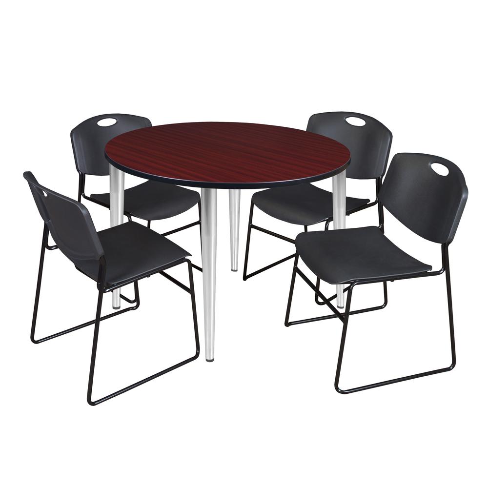 Regency Kahlo 48 in. Round Breakroom Table- Mahogany Top, Chrome Base & 4 Zeng Stack Chairs- Black. Picture 1