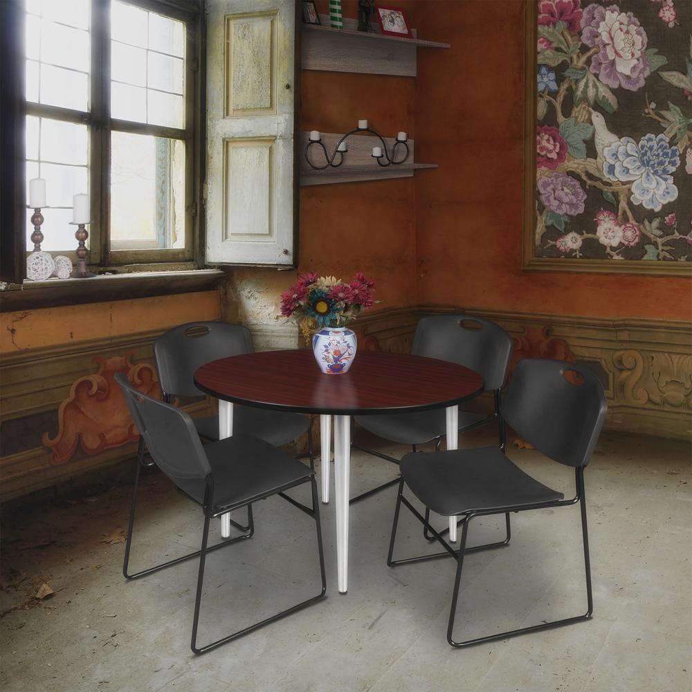 Regency Kahlo 48 in. Round Breakroom Table- Mahogany Top, Chrome Base & 4 Zeng Stack Chairs- Black. Picture 7