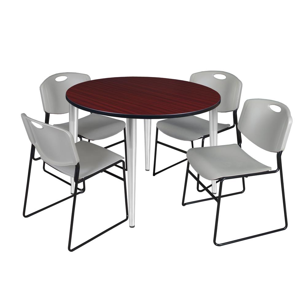 Regency Kahlo 48 in. Round Breakroom Table- Mahogany Top, Chrome Base & 4 Zeng Stack Chairs- Grey. Picture 1