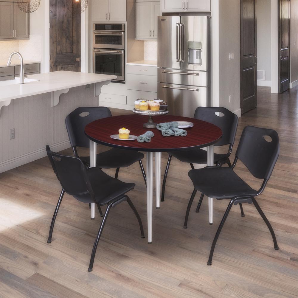 Regency Kahlo 48 in. Round Breakroom Table- Mahogany Top, Chrome Base & 4 M Stack Chairs- Black. Picture 7