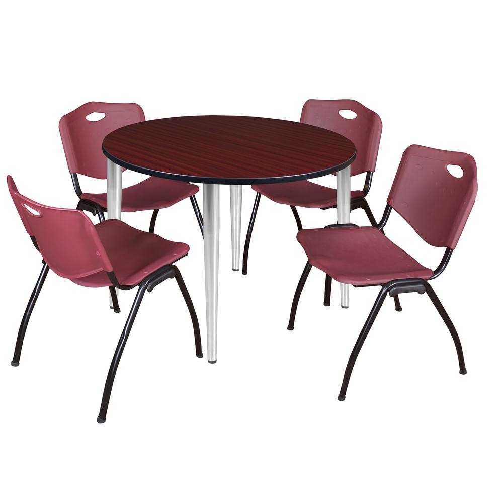 Regency Kahlo 48 in. Round Breakroom Table- Mahogany Top, Chrome Base & 4 M Stack Chairs- Burgundy. Picture 1