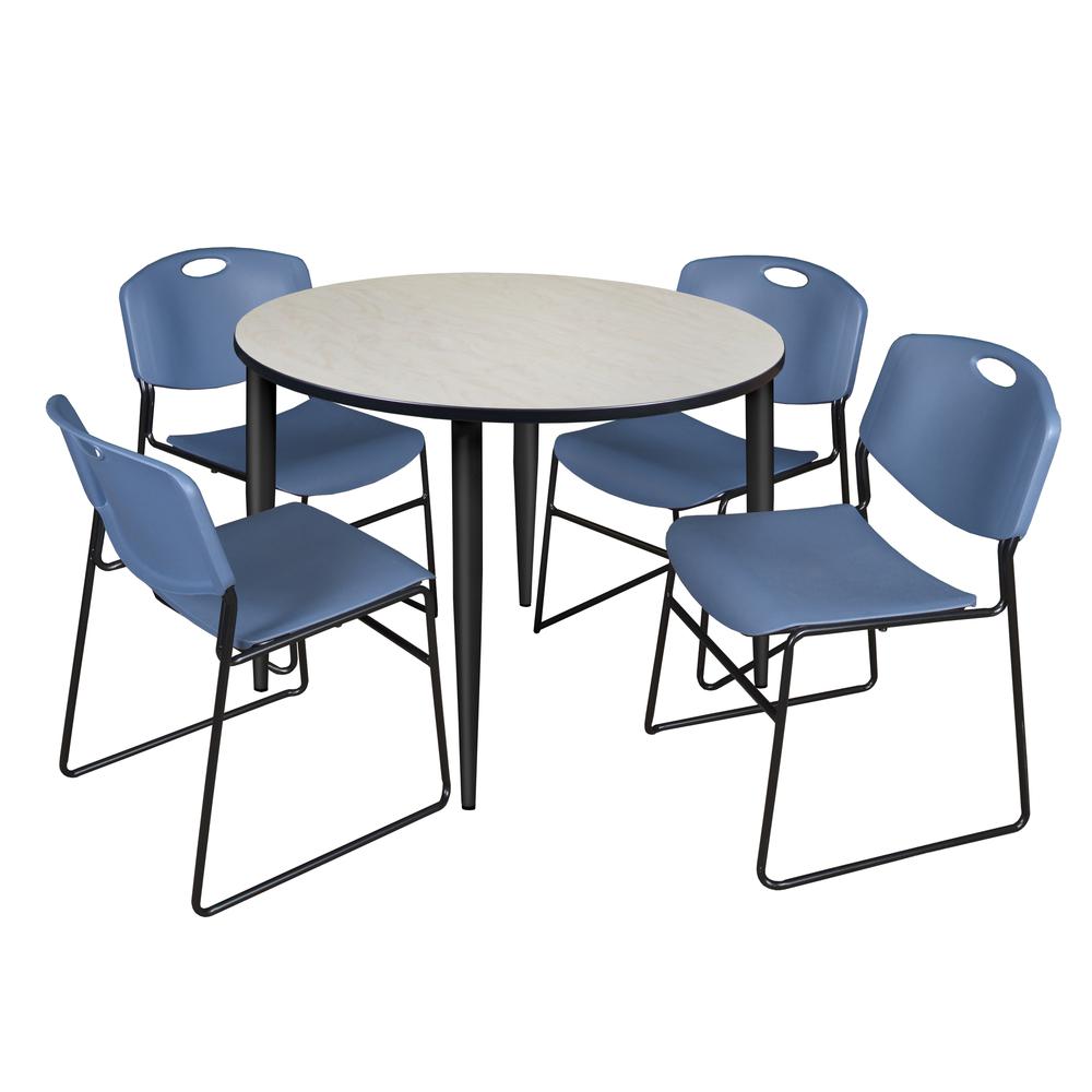 Regency Kahlo 48 in. Round Breakroom Table- Maple Top, Black Base & 4 Zeng Stack Chairs- Blue. Picture 1