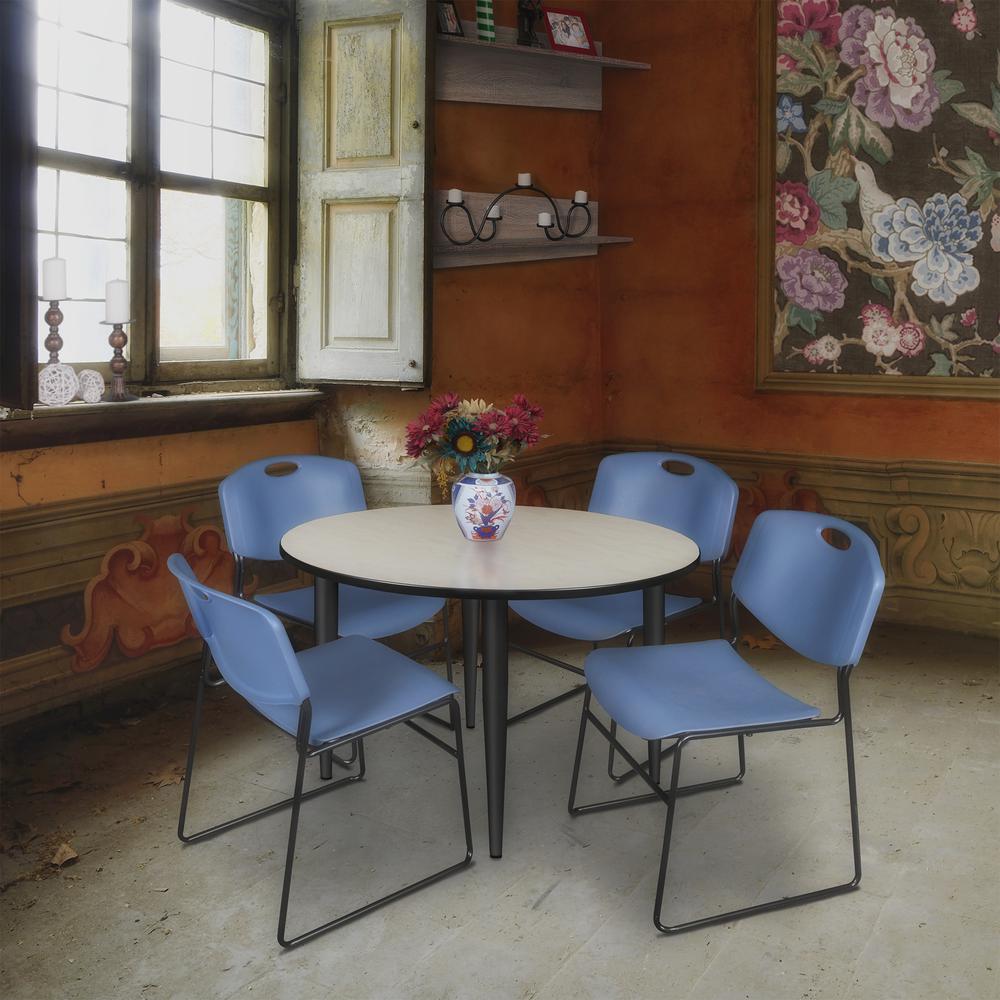Regency Kahlo 48 in. Round Breakroom Table- Maple Top, Black Base & 4 Zeng Stack Chairs- Blue. Picture 7
