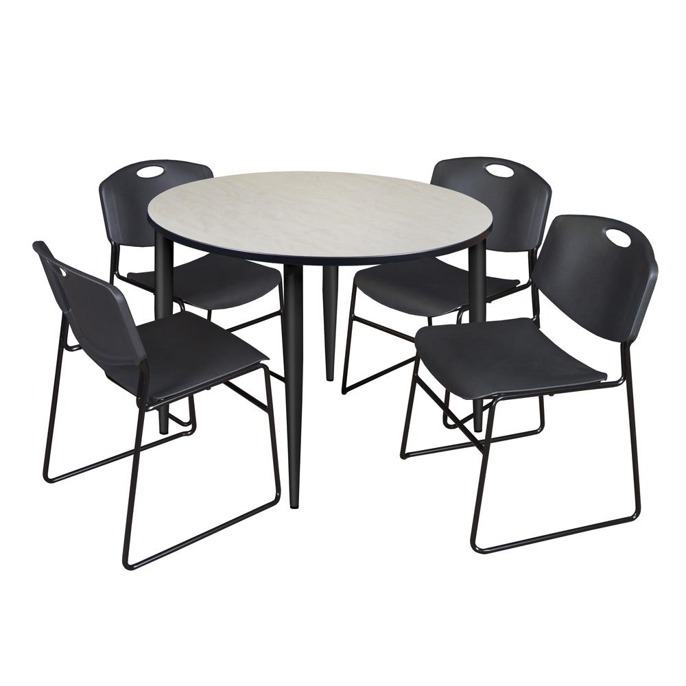 Regency Kahlo 48 in. Round Breakroom Table- Maple Top, Black Base & 4 Zeng Stack Chairs- Black. Picture 1