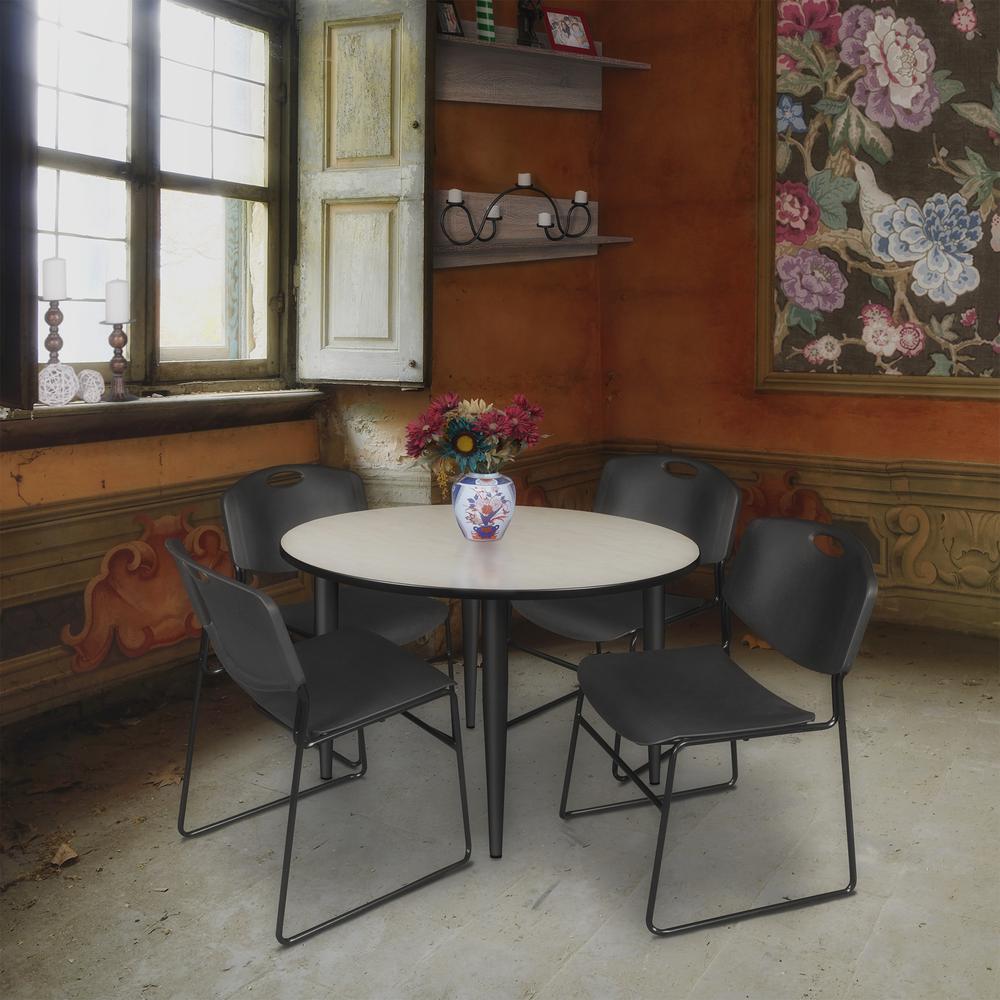 Regency Kahlo 48 in. Round Breakroom Table- Maple Top, Black Base & 4 Zeng Stack Chairs- Black. Picture 7