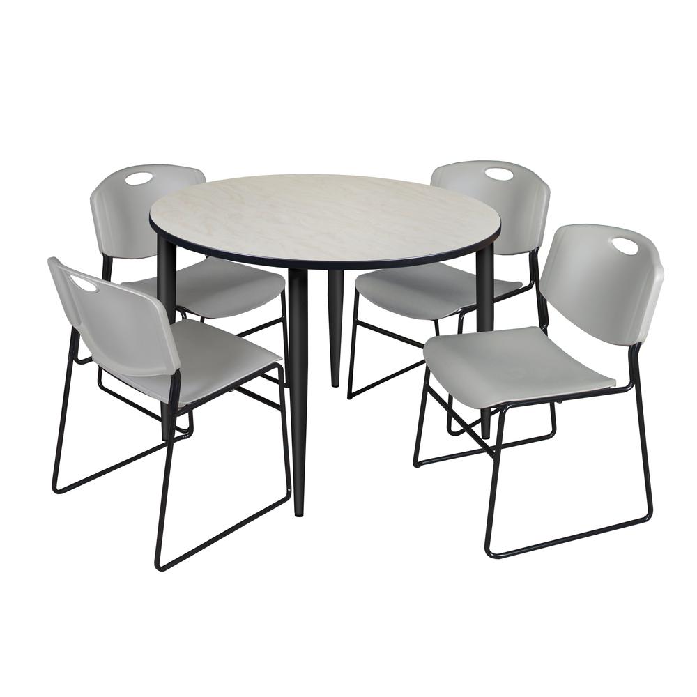 Regency Kahlo 48 in. Round Breakroom Table- Maple Top, Black Base & 4 Zeng Stack Chairs- Grey. Picture 1