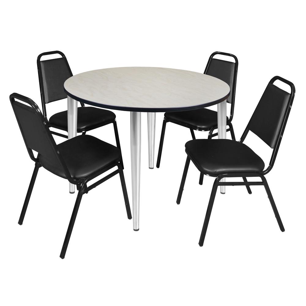 Regency Kahlo 48 in. Round Breakroom Table- Maple Top, Chrome Base & 4 Restaurant Stack Chairs- Black. Picture 1
