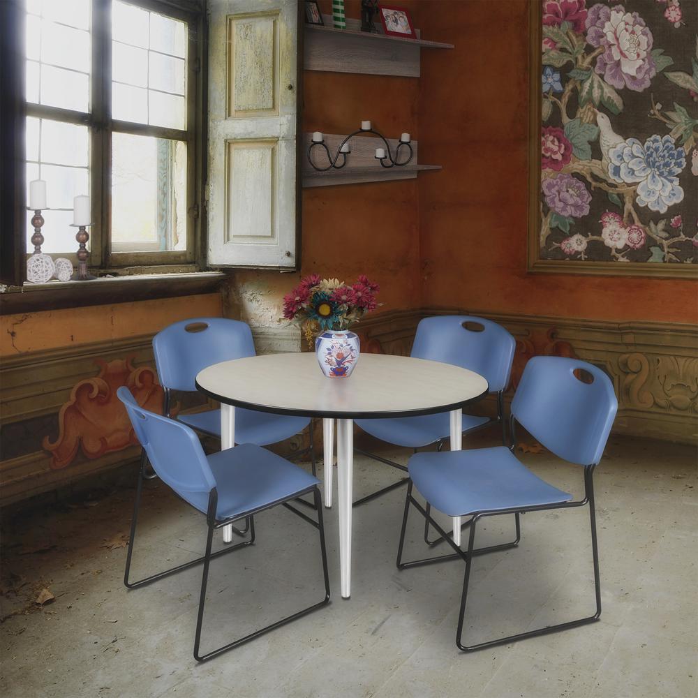 Regency Kahlo 48 in. Round Breakroom Table- Maple Top, Chrome Base & 4 Zeng Stack Chairs- Blue. Picture 7