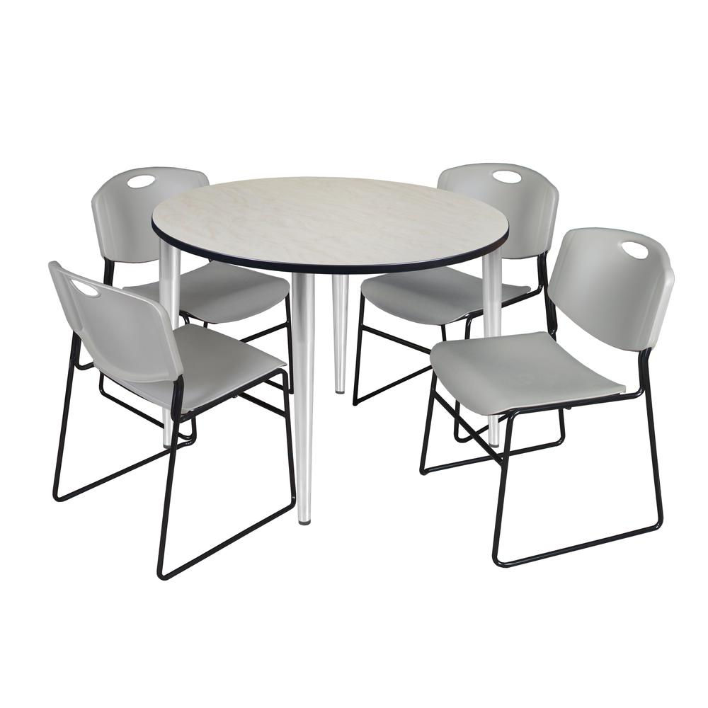 Regency Kahlo 48 in. Round Breakroom Table- Maple Top, Chrome Base & 4 Zeng Stack Chairs- Grey. Picture 1