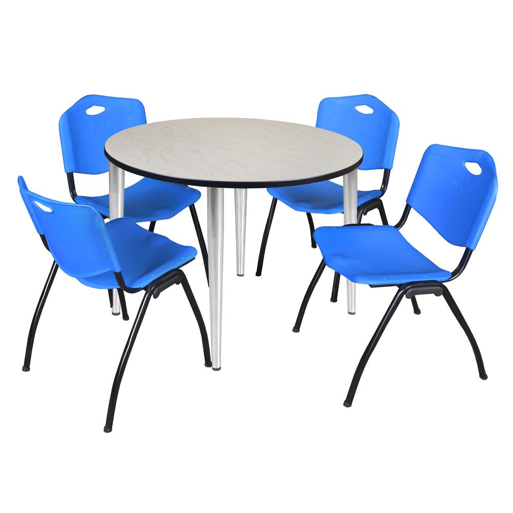 Regency Kahlo 48 in. Round Breakroom Table- Maple Top, Chrome Base & 4 M Stack Chairs- Blue. Picture 1