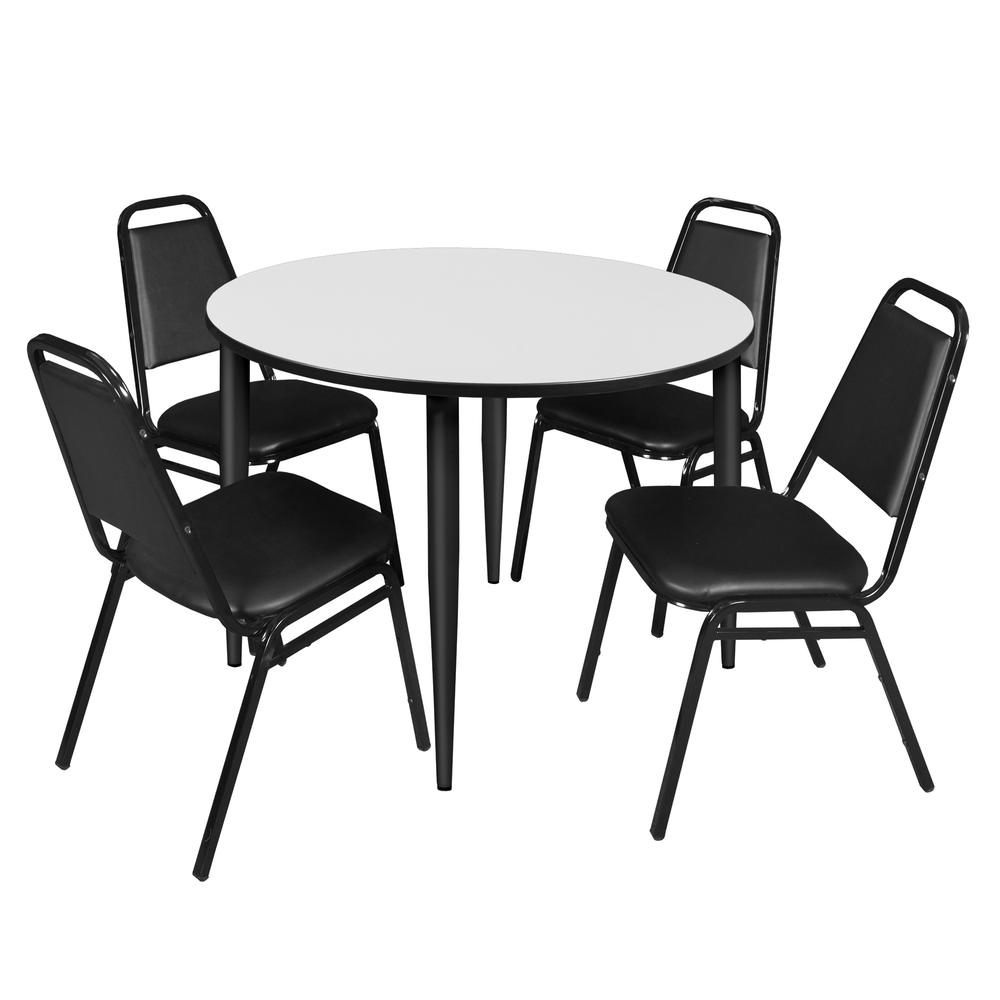Regency Kahlo 48 in. Round Breakroom Table- White, Black Base & 4 Restaurant Stack Chairs- Black. Picture 1