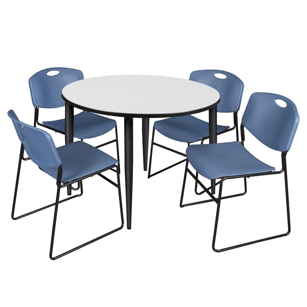 Regency Kahlo 48 in. Round Breakroom Table- White, Black Base & 4 Zeng Stack Chairs- Blue. Picture 1