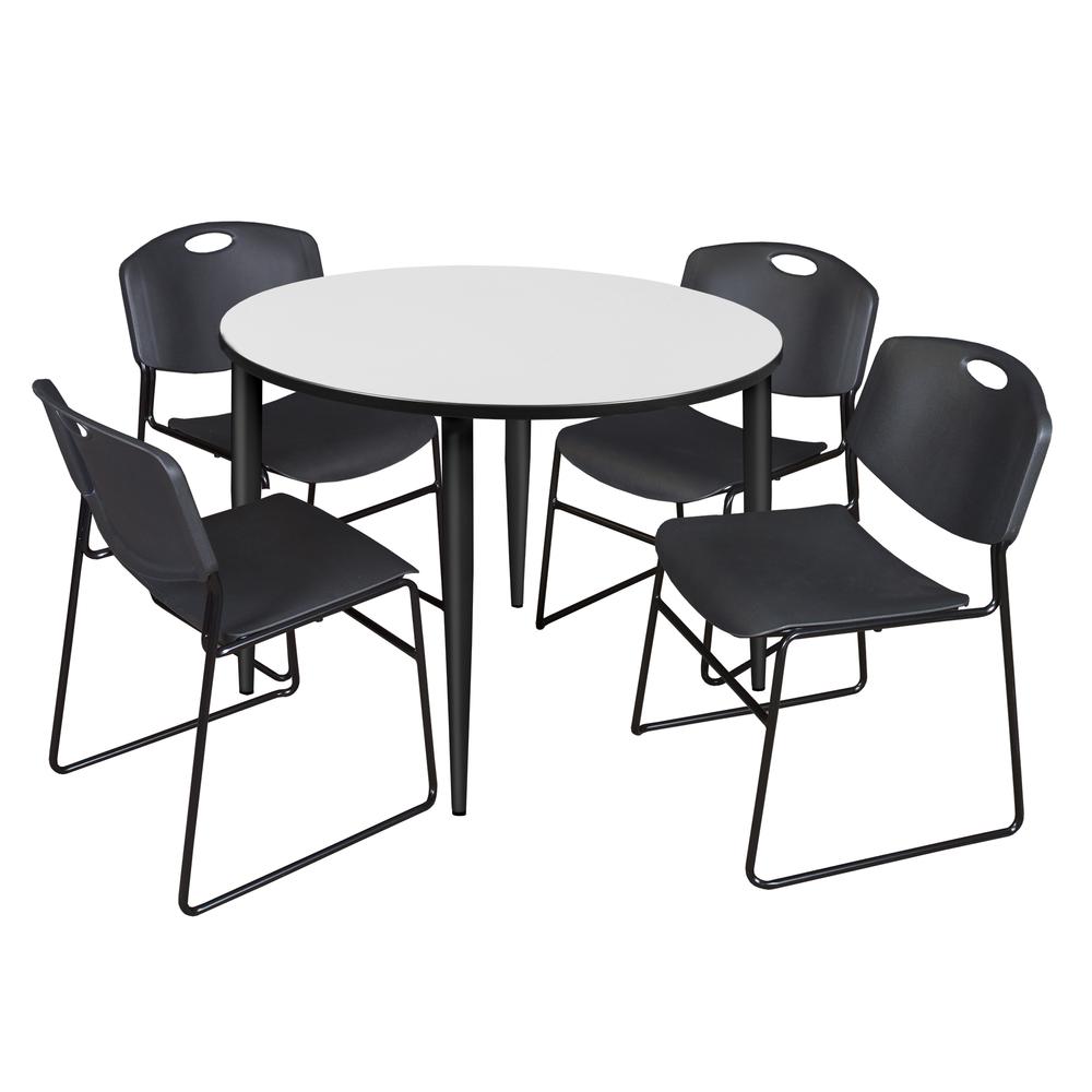 Regency Kahlo 48 in. Round Breakroom Table- White, Black Base & 4 Zeng Stack Chairs- Black. Picture 1