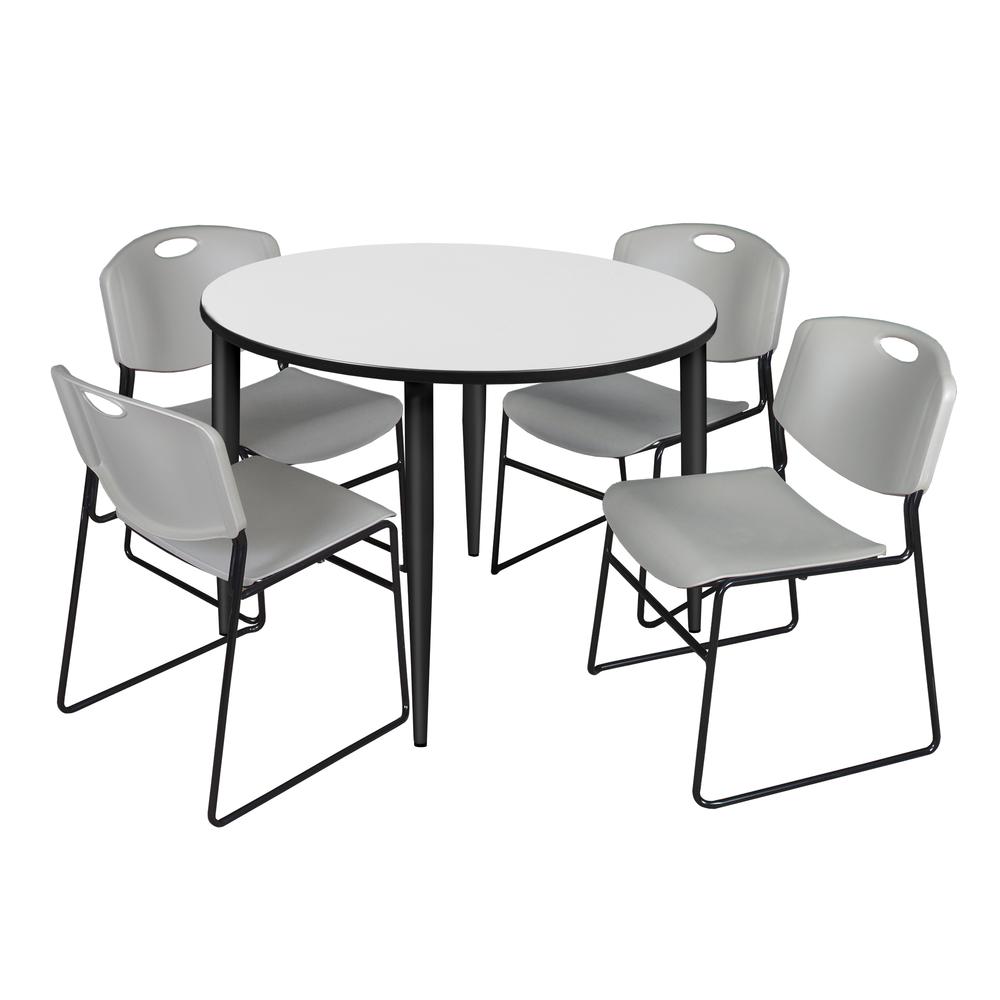 Regency Kahlo 48 in. Round Breakroom Table- White, Black Base & 4 Zeng Stack Chairs- Grey. Picture 1