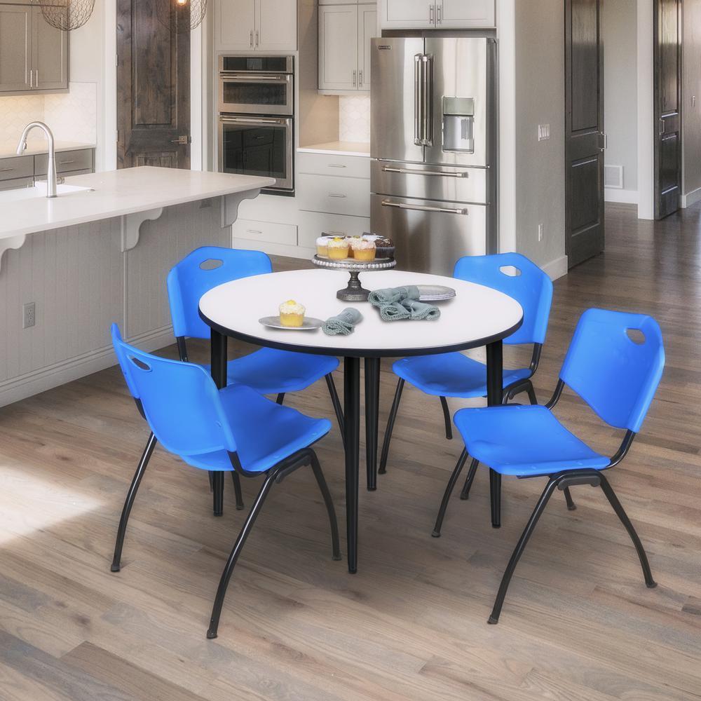Regency Kahlo 48 in. Round Breakroom Table- White, Black Base & 4 M Stack Chairs- Blue. Picture 7