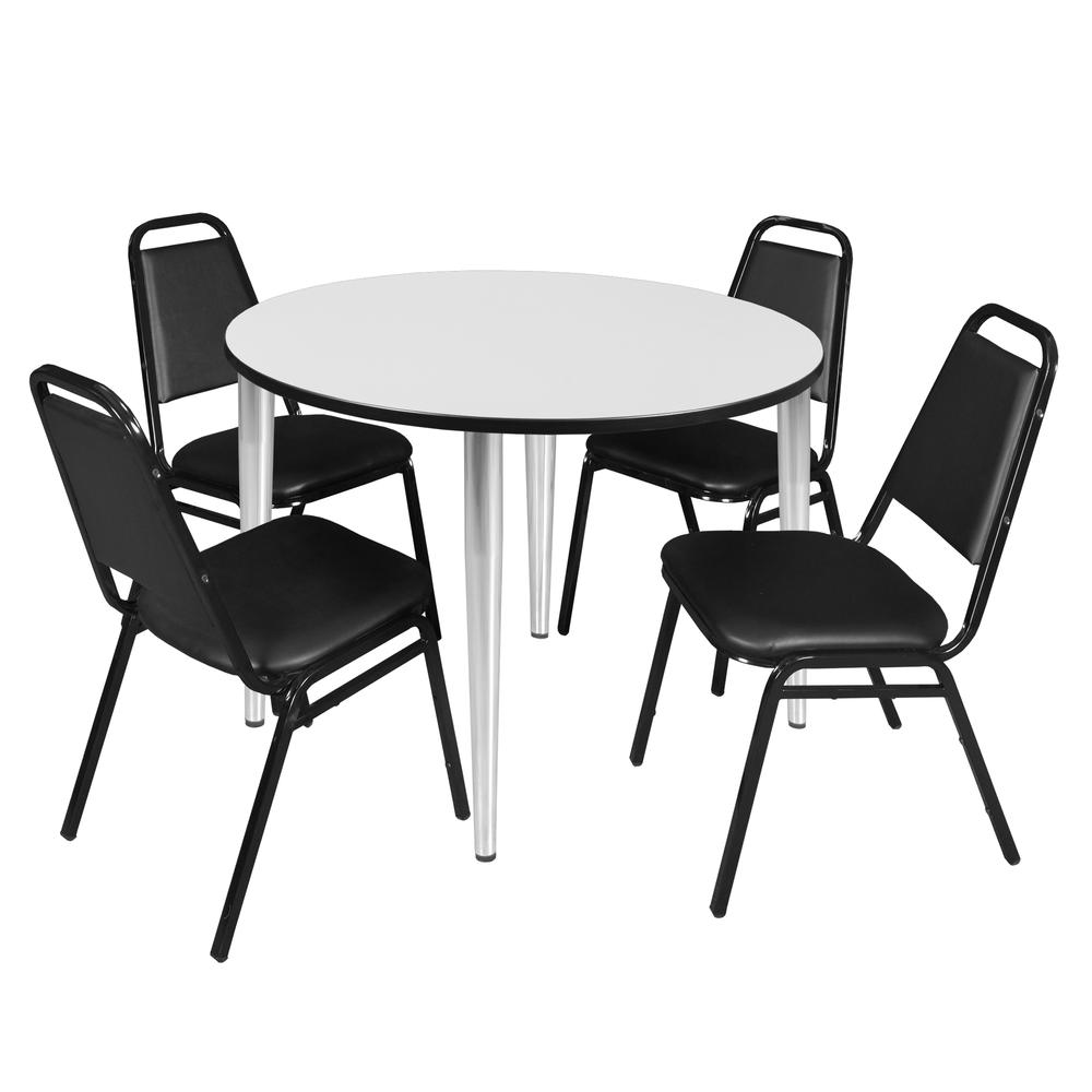 Regency Kahlo 48 in. Round Breakroom Table- White Top, Chrome Base & 4 Restaurant Stack Chairs- Black. Picture 1