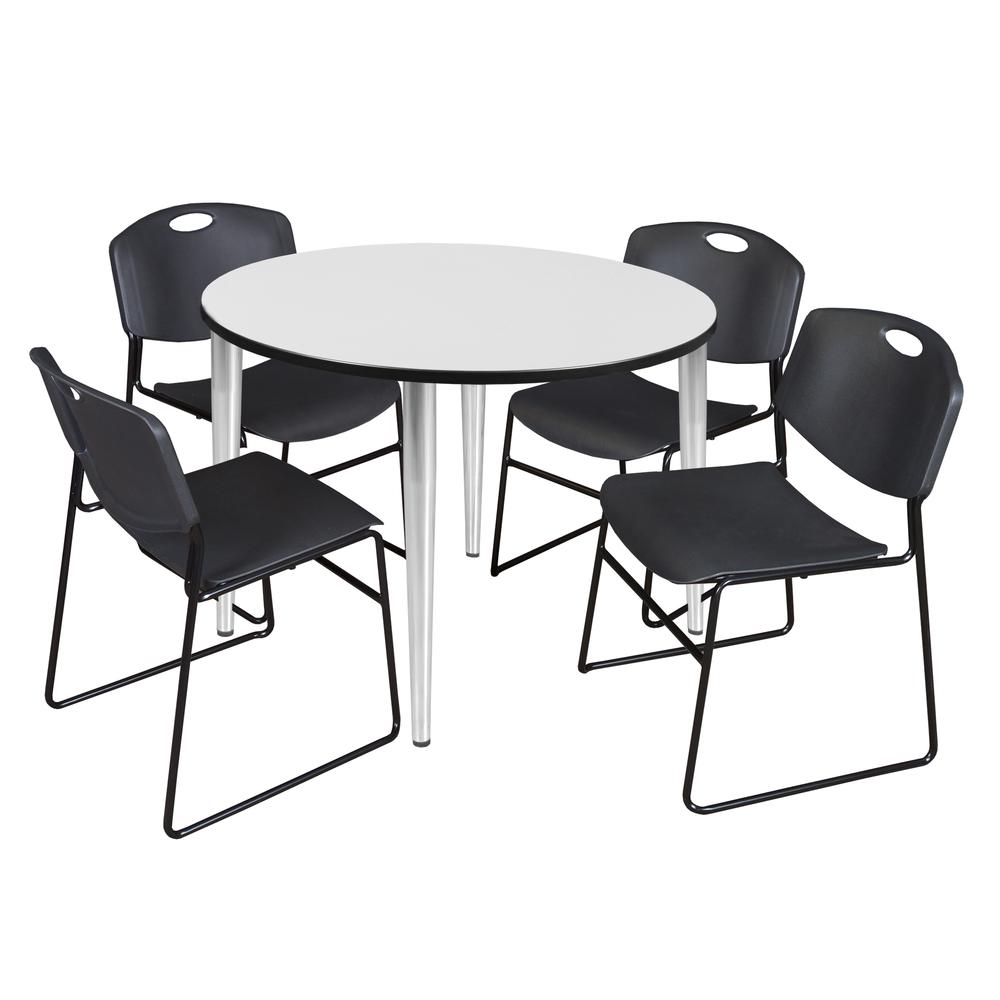 Regency Kahlo 48 in. Round Breakroom Table- White Top, Chrome Base & 4 Zeng Stack Chairs- Black. Picture 1