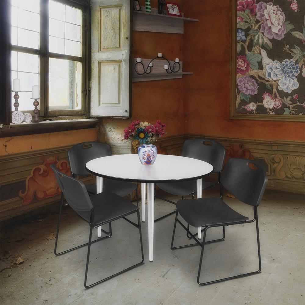 Regency Kahlo 48 in. Round Breakroom Table- White Top, Chrome Base & 4 Zeng Stack Chairs- Black. Picture 7