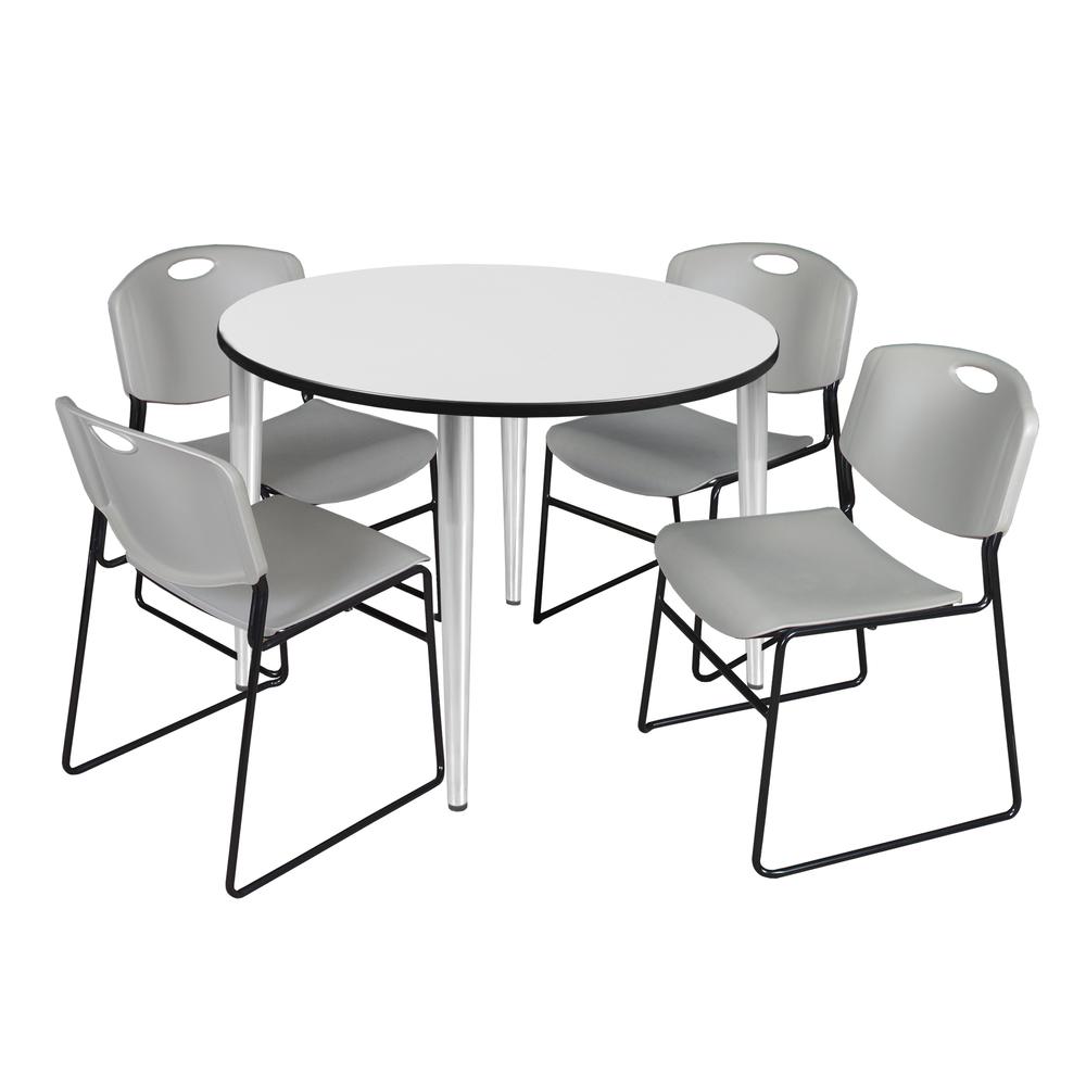 Regency Kahlo 48 in. Round Breakroom Table- White Top, Chrome Base & 4 Zeng Stack Chairs- Grey. Picture 1