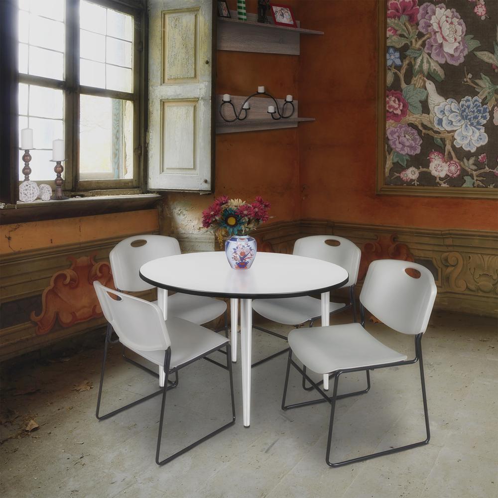 Regency Kahlo 48 in. Round Breakroom Table- White Top, Chrome Base & 4 Zeng Stack Chairs- Grey. Picture 7