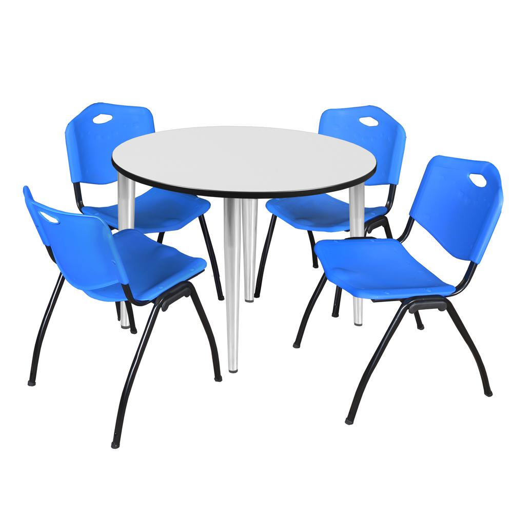 Regency Kahlo 48 in. Round Breakroom Table- White Top, Chrome Base & 4 M Stack Chairs- Blue. Picture 1