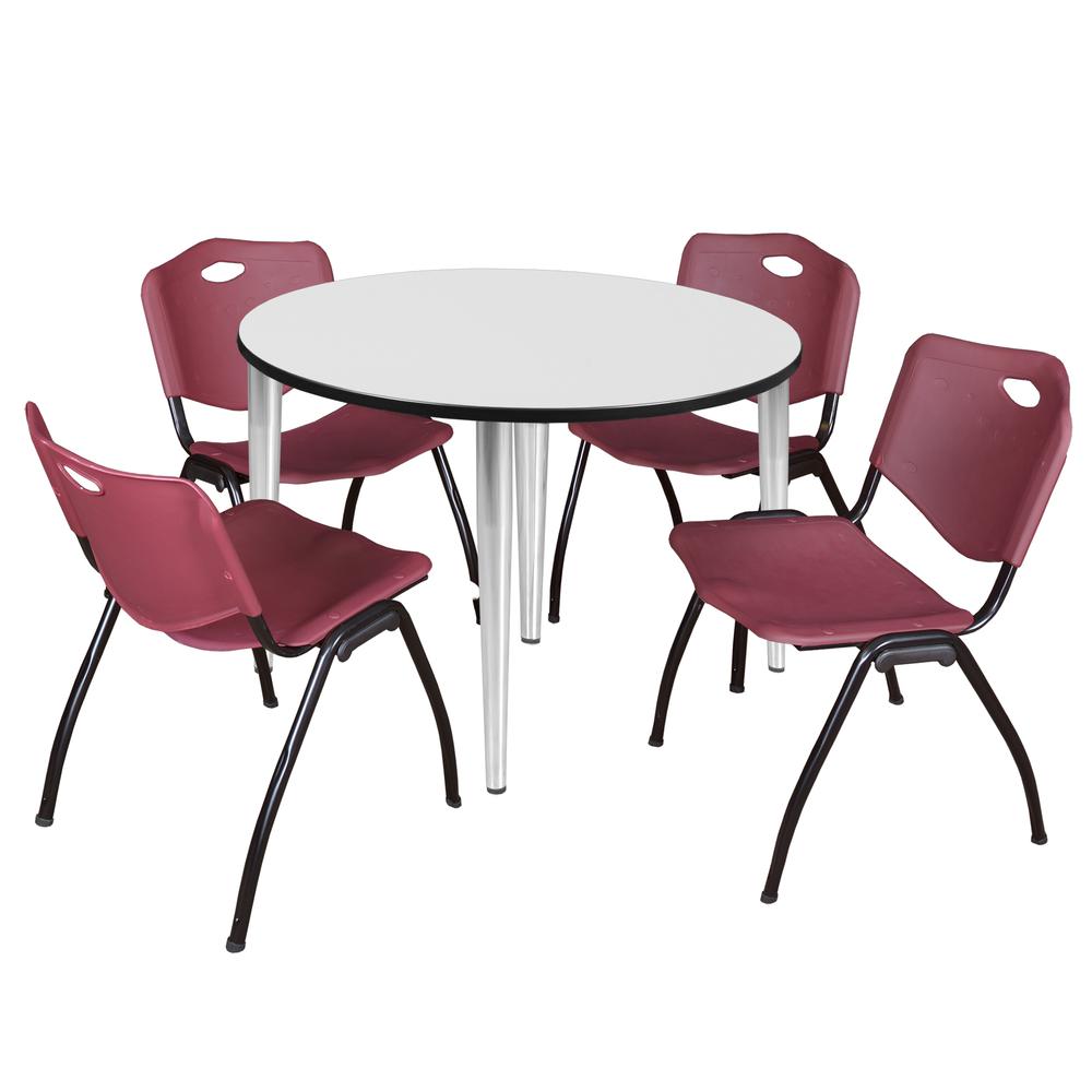 Regency Kahlo 48 in. Round Breakroom Table- White Top, Chrome Base & 4 M Stack Chairs- Burgundy. Picture 1