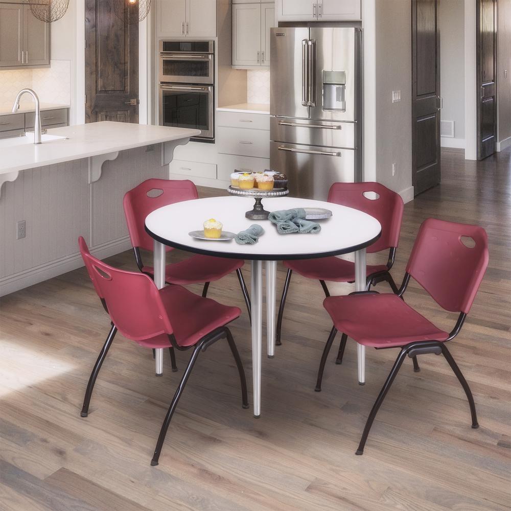 Regency Kahlo 48 in. Round Breakroom Table- White Top, Chrome Base & 4 M Stack Chairs- Burgundy. Picture 7