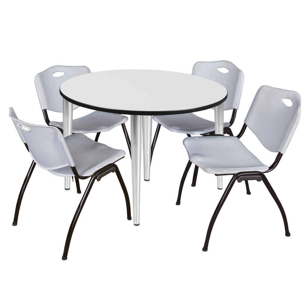 Regency Kahlo 48 in. Round Breakroom Table- White Top, Chrome Base & 4 M Stack Chairs- Grey. Picture 1
