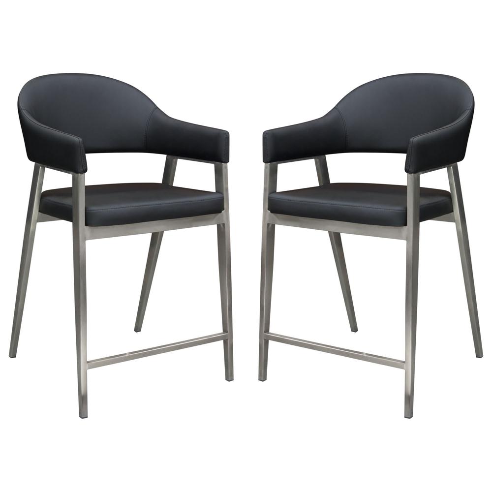 Adele Set of Two Counter Height Chairs in Black Leatherette w/ Brushed Stainless Steel Leg by Diamond Sofa. Picture 1