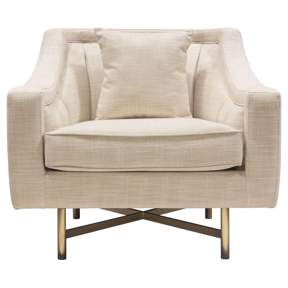 Croft Fabric Chair in Sand Linen Fabric w/ Accent Pillow and Gold Metal Criss-Cross Frame by Diamond Sofa. Picture 1