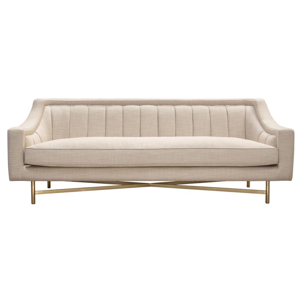 Croft Fabric Sofa in Sand Linen Fabric w/ Accent Pillows and Gold Metal Criss-Cross Frame by Diamond Sofa. Picture 27