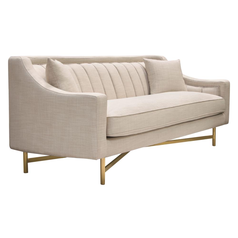 Croft Fabric Sofa in Sand Linen Fabric w/ Accent Pillows and Gold Metal Criss-Cross Frame by Diamond Sofa. Picture 22