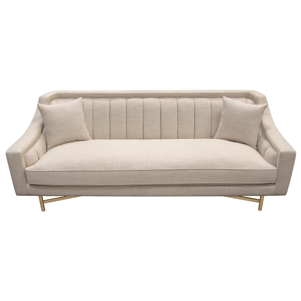 Croft Fabric Sofa in Sand Linen Fabric w/ Accent Pillows and Gold Metal Criss-Cross Frame by Diamond Sofa. Picture 24