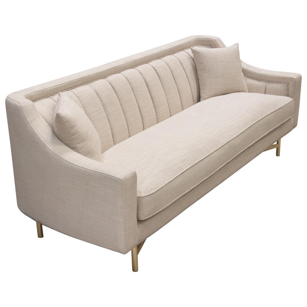 Croft Fabric Sofa in Sand Linen Fabric w/ Accent Pillows and Gold Metal Criss-Cross Frame by Diamond Sofa. Picture 28