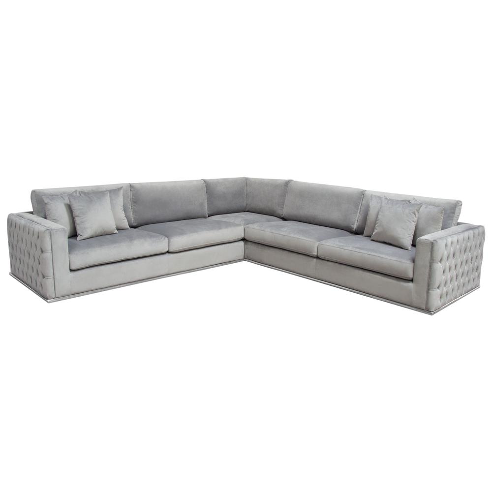 Sectional in Platinum Grey Velvet, Tufted Outside Detail and Silver Metal Trim. Picture 1
