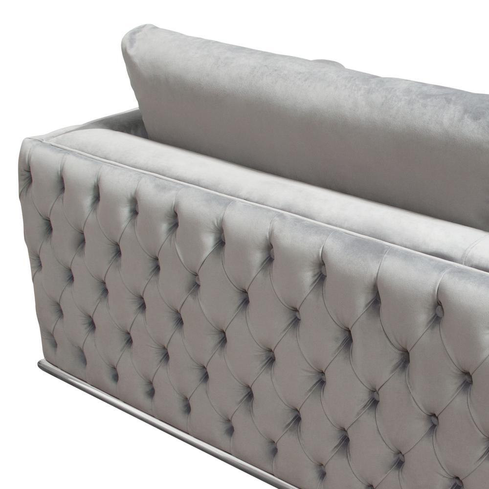 Sectional in Platinum Grey Velvet, Tufted Outside Detail and Silver Metal Trim. Picture 53