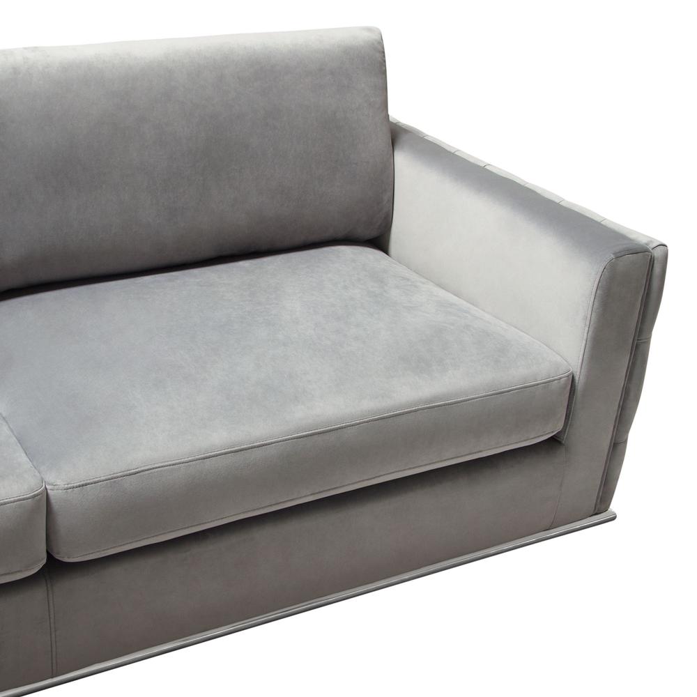Sectional in Platinum Grey Velvet, Tufted Outside Detail and Silver Metal Trim. Picture 29