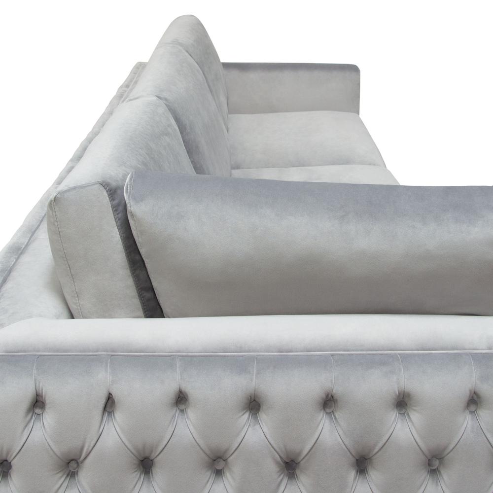 Sectional in Platinum Grey Velvet, Tufted Outside Detail and Silver Metal Trim. Picture 37