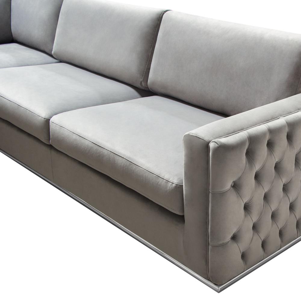 Sectional in Platinum Grey Velvet, Tufted Outside Detail and Silver Metal Trim. Picture 34