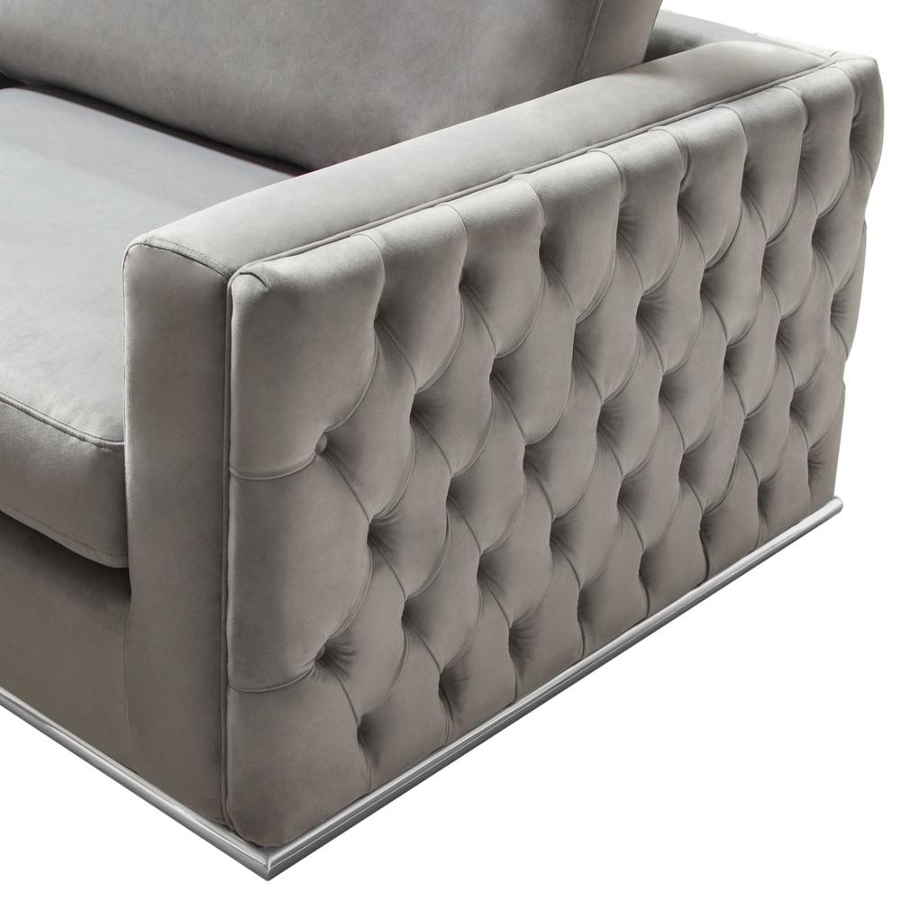 Sectional in Platinum Grey Velvet, Tufted Outside Detail and Silver Metal Trim. Picture 32