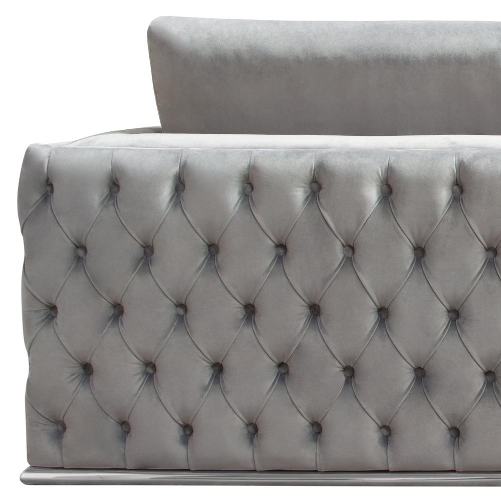 Sectional in Platinum Grey Velvet, Tufted Outside Detail and Silver Metal Trim. Picture 47