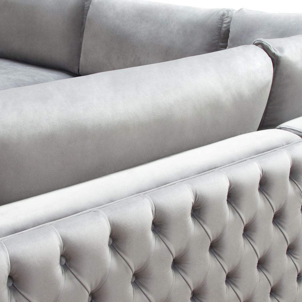 Sectional in Platinum Grey Velvet, Tufted Outside Detail and Silver Metal Trim. Picture 41